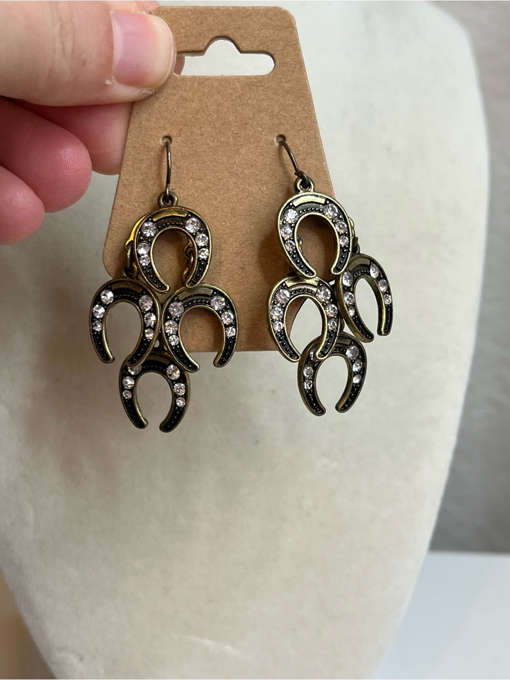 Vintage Antique Bronze Lucky Horseshoes rhinestone chandelier dangle earrings